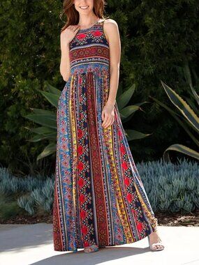 Éloges Boho Tribal Maxi Dress S Multicolor Sleeveless Resort Festival Artsy Chic